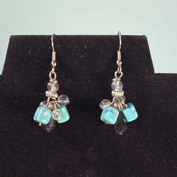 Boho Dangle Earrings Turquoise Color Acrylic Beads Black Clear Cluster Southwest - Picture 4 of 7